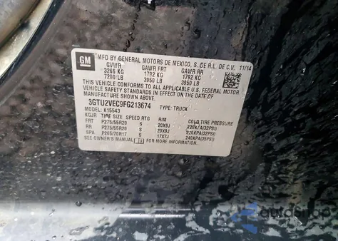 2015 GMC Sierra K1500 Slt from USA, damaged, VIN 3GTU2VEC9FG213674